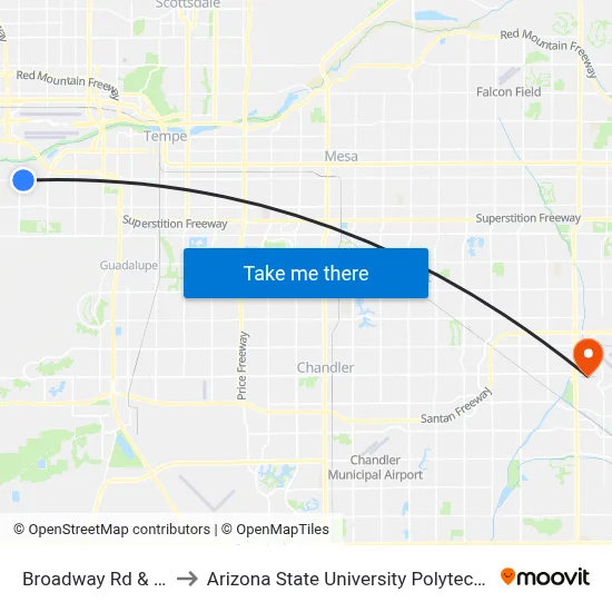 Broadway Rd & 25th St to Arizona State University Polytechnic campus map
