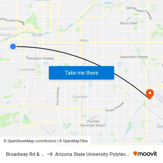 Broadway Rd & 40th St to Arizona State University Polytechnic campus map