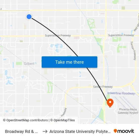 Broadway Rd & Gilbert Rd to Arizona State University Polytechnic campus map