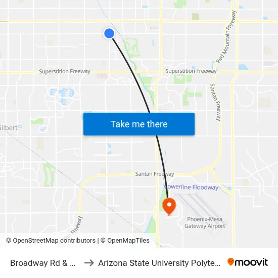 Broadway Rd & Higley Rd to Arizona State University Polytechnic campus map