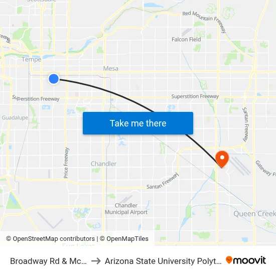 Broadway Rd & Mcclintock Dr to Arizona State University Polytechnic campus map