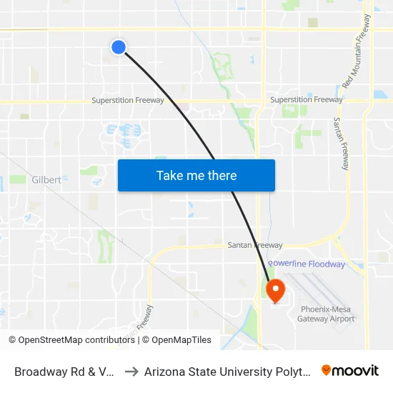 Broadway Rd & Val Vista Dr to Arizona State University Polytechnic campus map