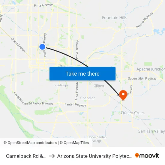 Camelback Rd & 16th St to Arizona State University Polytechnic campus map
