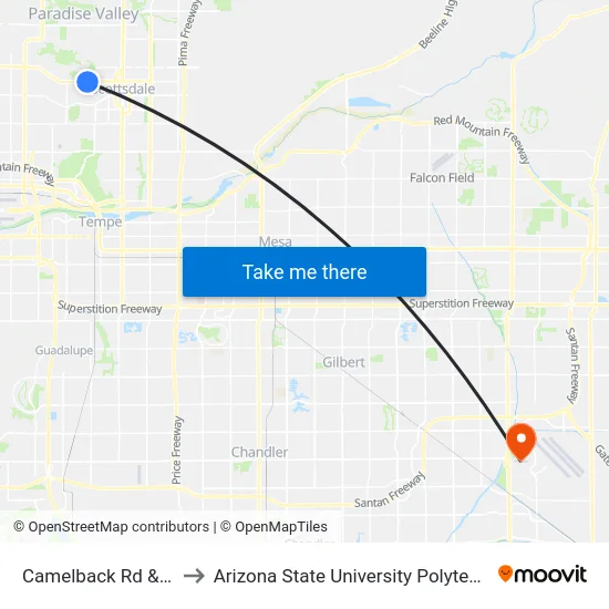 Camelback Rd & 62nd St to Arizona State University Polytechnic campus map