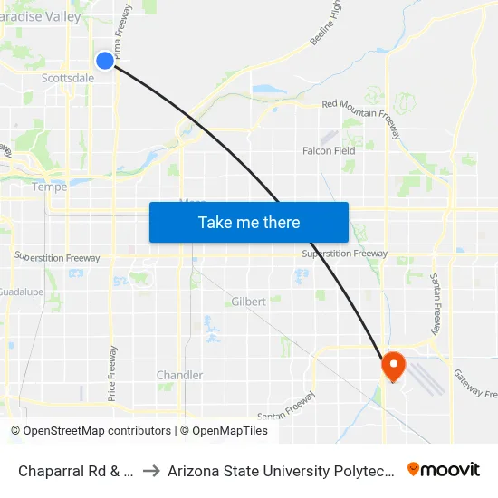 Chaparral Rd & 85th St to Arizona State University Polytechnic campus map