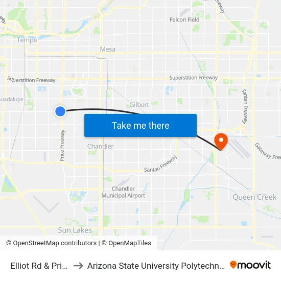 Elliot Rd & Price Rd to Arizona State University Polytechnic campus map