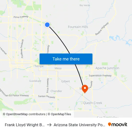 Frank Lloyd Wright Bl & Hayden Rd to Arizona State University Polytechnic campus map