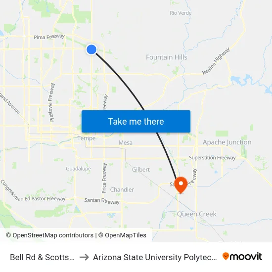 Bell Rd & Scottsdale Rd to Arizona State University Polytechnic campus map
