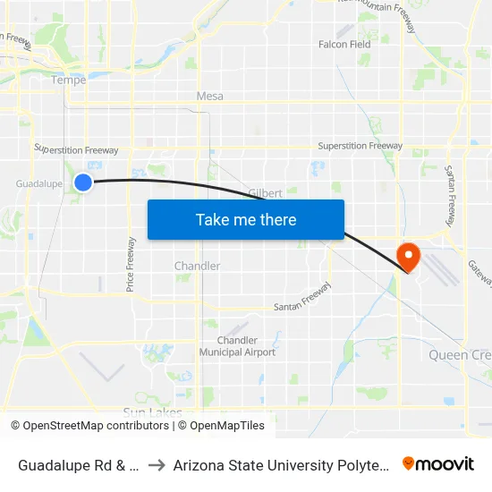 Guadalupe Rd & Rural Rd to Arizona State University Polytechnic campus map