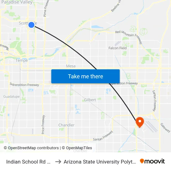 Indian School Rd & Miller Rd to Arizona State University Polytechnic campus map