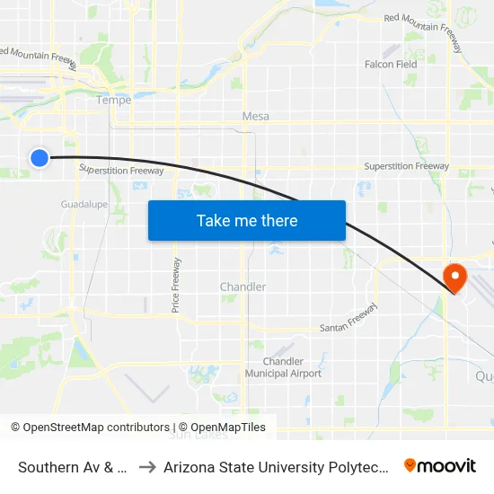 Southern Av & 40th St to Arizona State University Polytechnic campus map