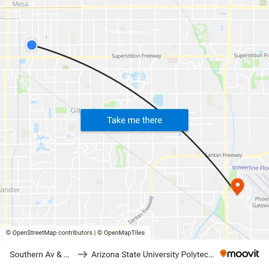 Southern Av & Mesa Dr to Arizona State University Polytechnic campus map
