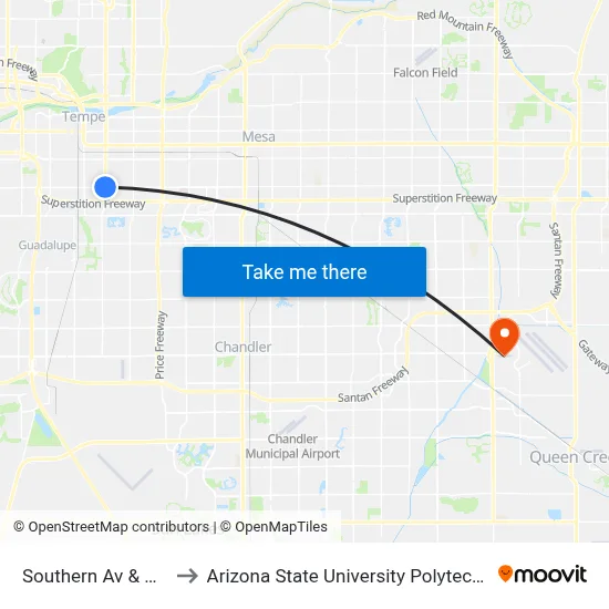 Southern Av & Rural Rd to Arizona State University Polytechnic campus map