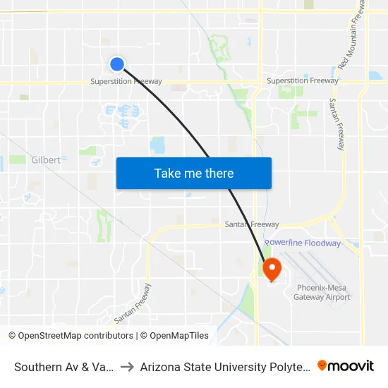 Southern Av & Val Vista Dr to Arizona State University Polytechnic campus map