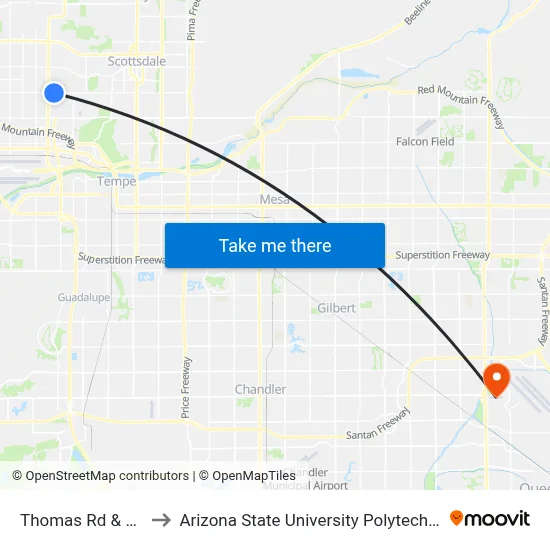 Thomas Rd & 46th St to Arizona State University Polytechnic campus map