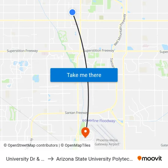 University Dr & 64th St to Arizona State University Polytechnic campus map