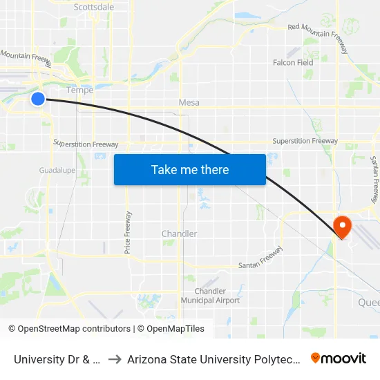 University Dr & 47th St to Arizona State University Polytechnic campus map