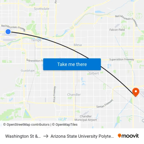 Washington St & 32nd St to Arizona State University Polytechnic campus map