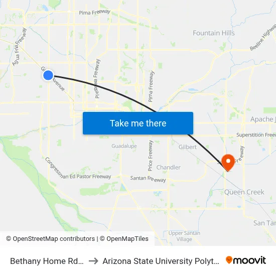 Bethany Home Rd & 51st Av to Arizona State University Polytechnic campus map