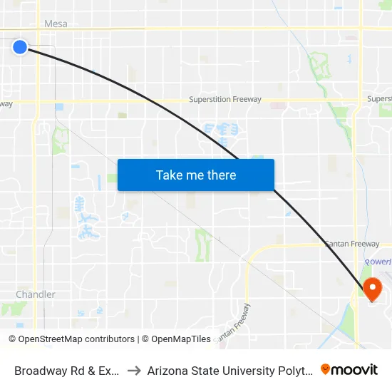Broadway Rd & Extension Rd to Arizona State University Polytechnic campus map