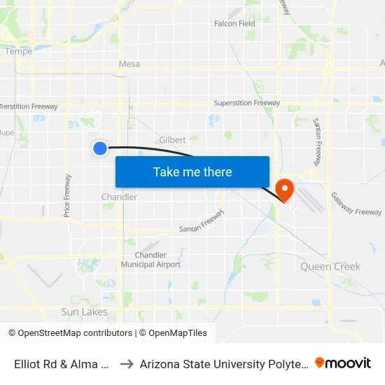 Elliot Rd & Alma School Rd to Arizona State University Polytechnic campus map