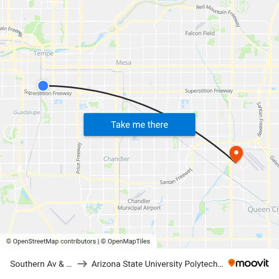 Southern Av & Mill Av to Arizona State University Polytechnic campus map