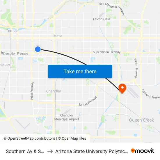 Southern Av & San Jose to Arizona State University Polytechnic campus map