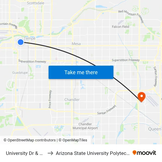 University Dr & Priest Dr to Arizona State University Polytechnic campus map