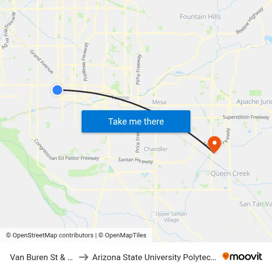 Van Buren St & 25th Av to Arizona State University Polytechnic campus map