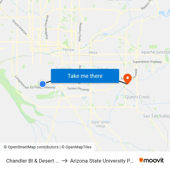 Chandler Bl & Desert Foothills Pkwy to Arizona State University Polytechnic campus map