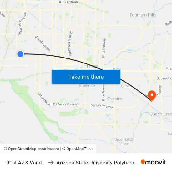 91st Av & Windsor Av to Arizona State University Polytechnic campus map