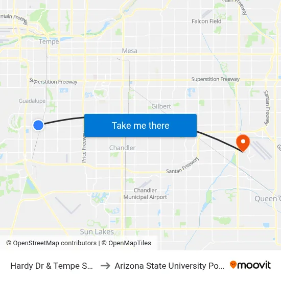 Hardy Dr & Tempe Sports Complex to Arizona State University Polytechnic campus map