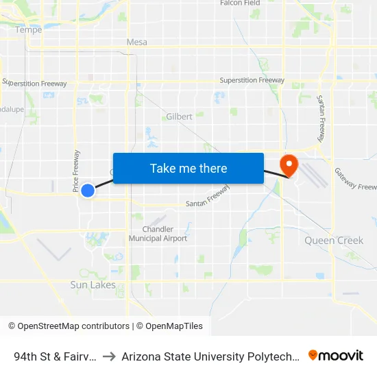 94th St & Fairview St to Arizona State University Polytechnic campus map