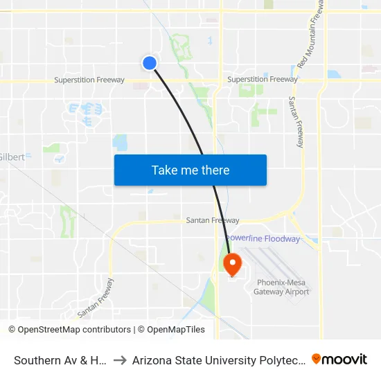 Southern Av & Higley Rd to Arizona State University Polytechnic campus map