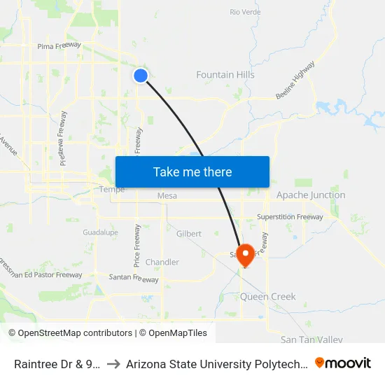 Raintree Dr & 92nd St to Arizona State University Polytechnic campus map
