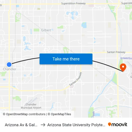 Arizona Av & Galveston St to Arizona State University Polytechnic campus map