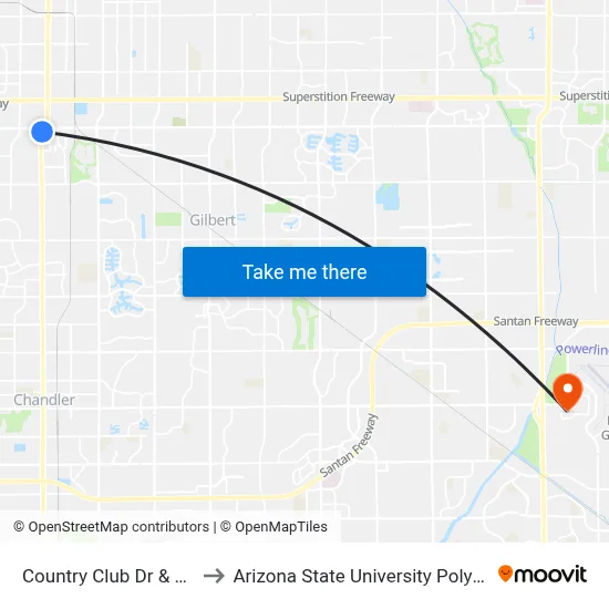 Country Club Dr & Baseline Rd to Arizona State University Polytechnic campus map
