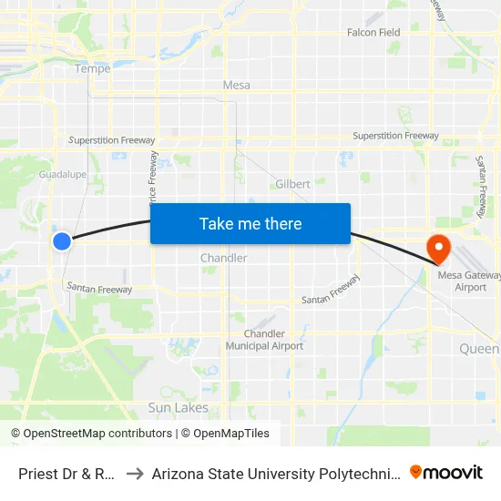 Priest Dr & Ray Rd to Arizona State University Polytechnic campus map