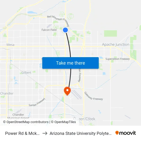 Power Rd & Mckellips Rd to Arizona State University Polytechnic campus map