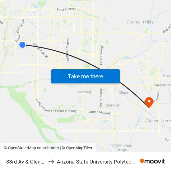 83rd Av & Glendale Av to Arizona State University Polytechnic campus map