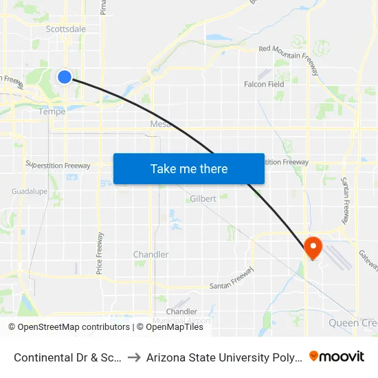 Continental Dr & Scottsdale Rd to Arizona State University Polytechnic campus map
