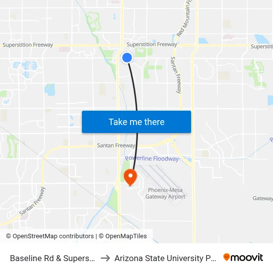 Baseline Rd & Superstition Springs Bl to Arizona State University Polytechnic campus map