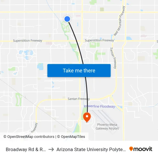 Broadway Rd & Recker Rd to Arizona State University Polytechnic campus map