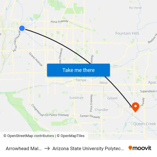 Arrowhead Mall South to Arizona State University Polytechnic campus map