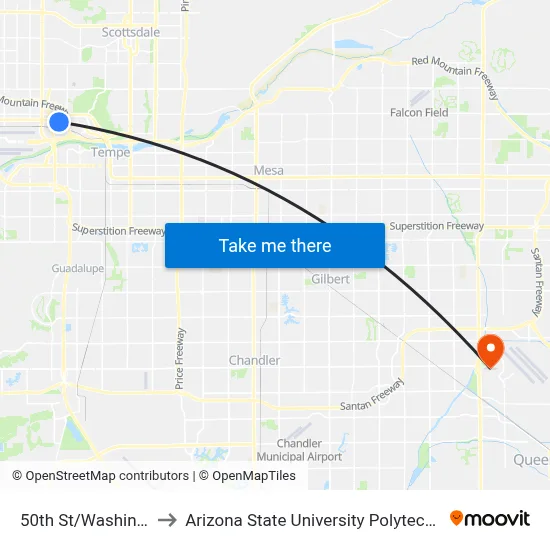 50th St/Washington St to Arizona State University Polytechnic campus map