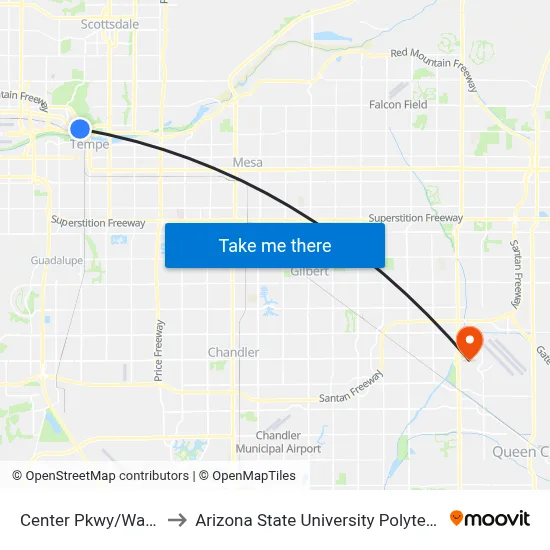 Center Pkwy/Washington to Arizona State University Polytechnic campus map