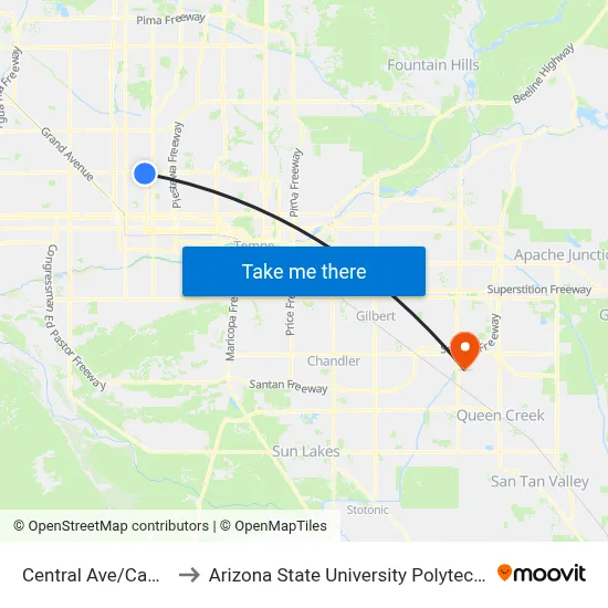 Central Ave/Camelback to Arizona State University Polytechnic campus map