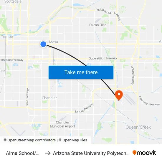Alma School/Main St to Arizona State University Polytechnic campus map