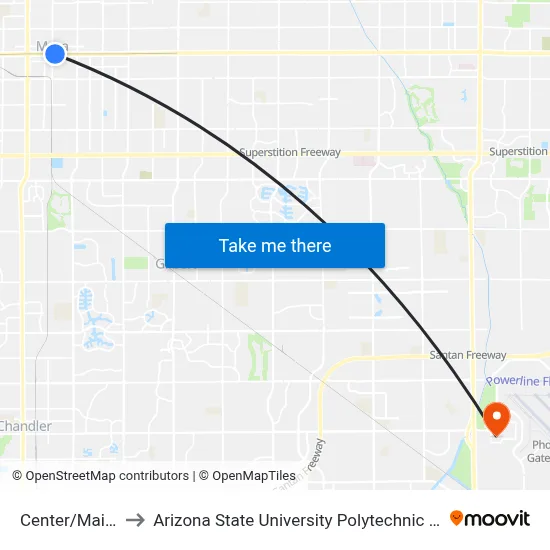 Center/Main St to Arizona State University Polytechnic campus map