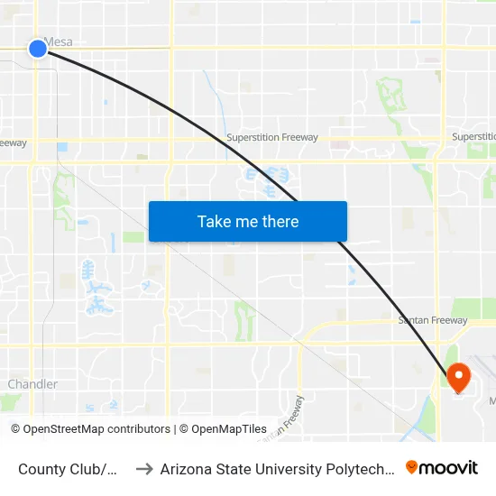 County Club/Main St to Arizona State University Polytechnic campus map